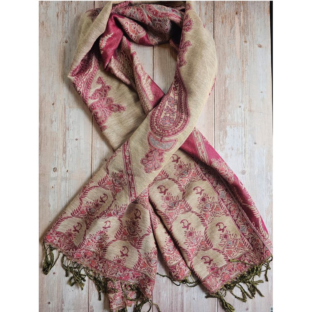 Pashmina Silk Paisley Scarf Reversible Taupe Burgundy Fringe 66in